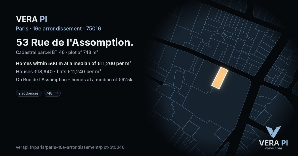 53 Rue de l'Assomption, 16e arrondissement at night – the plot lit, the parcels around coloured by the prices near them