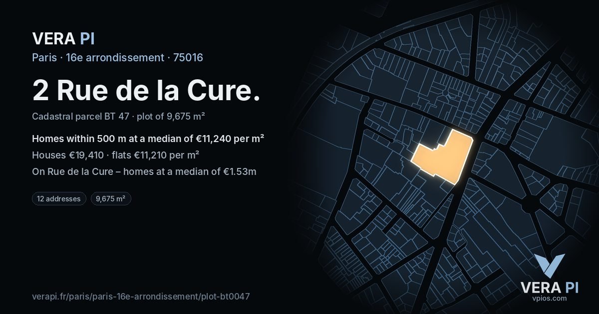 2 Rue de la Cure, 16e arrondissement at night – the plot lit, the parcels around coloured by the prices near them