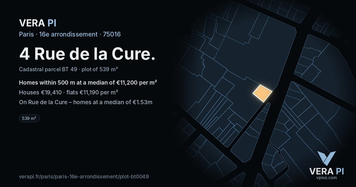 4 Rue de la Cure, 16e arrondissement at night – the plot lit, the parcels around coloured by the prices near them
