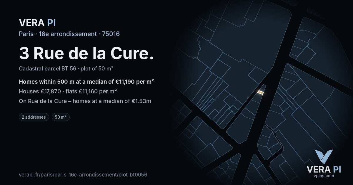 3 Rue de la Cure, 16e arrondissement at night – the plot lit, the parcels around coloured by the prices near them
