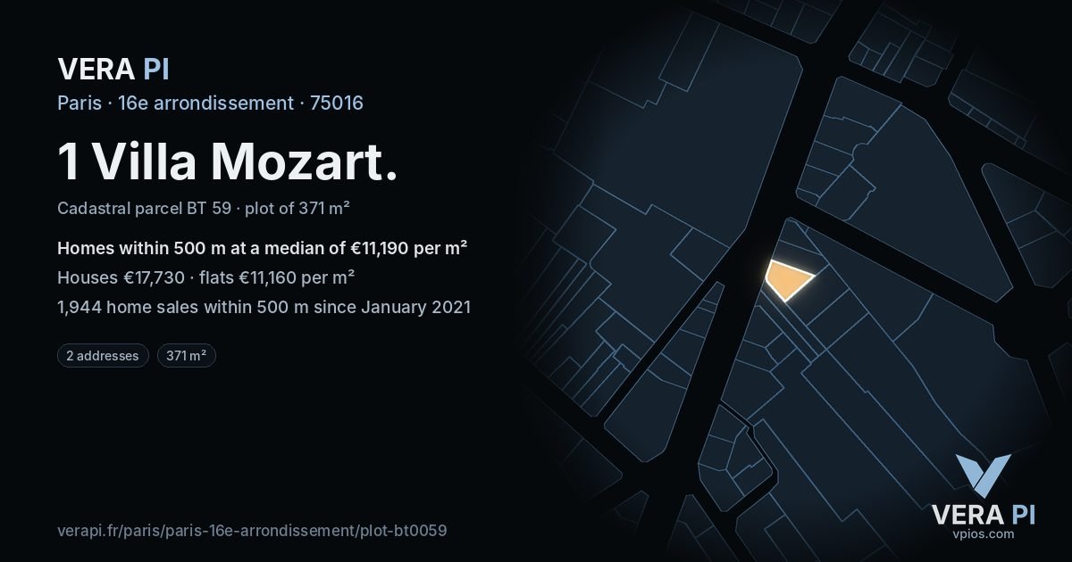 1 Villa Mozart, 16e arrondissement at night – the plot lit, the parcels around coloured by the prices near them