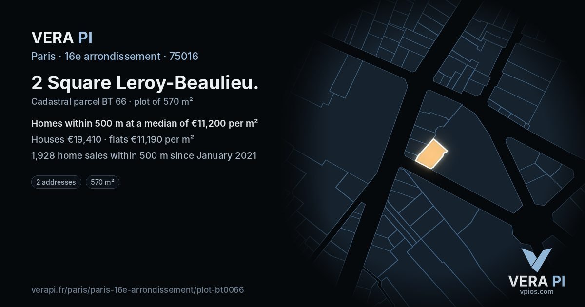 2 Square Leroy-Beaulieu, 16e arrondissement at night – the plot lit, the parcels around coloured by the prices near them
