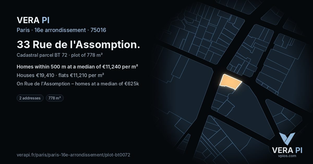 33 Rue de l'Assomption, 16e arrondissement at night – the plot lit, the parcels around coloured by the prices near them