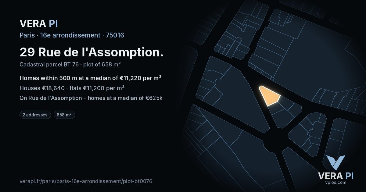 29 Rue de l'Assomption, 16e arrondissement at night – the plot lit, the parcels around coloured by the prices near them