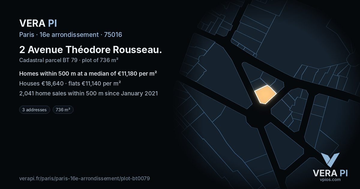 2 Avenue Théodore Rousseau, 16e arrondissement at night – the plot lit, the parcels around coloured by the prices near them