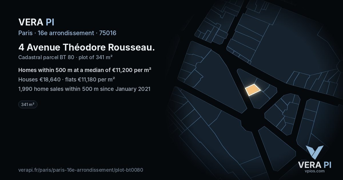 4 Avenue Théodore Rousseau, 16e arrondissement at night – the plot lit, the parcels around coloured by the prices near them