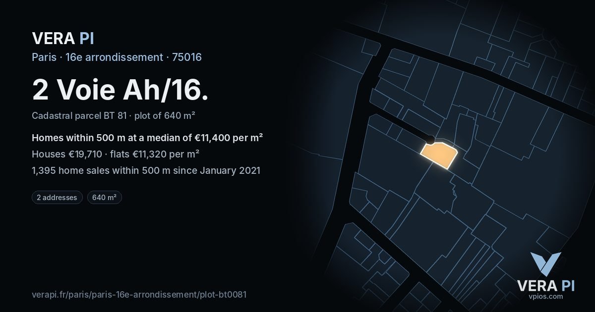 2 Voie Ah/16, 16e arrondissement at night – the plot lit, the parcels around coloured by the prices near them