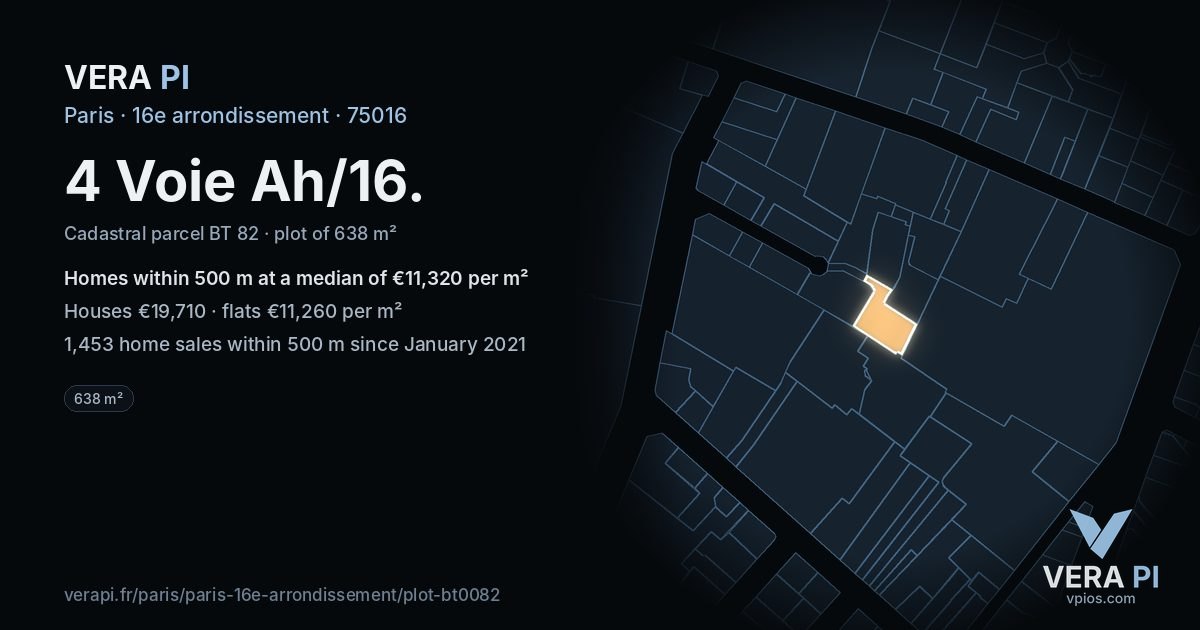 4 Voie Ah/16, 16e arrondissement at night – the plot lit, the parcels around coloured by the prices near them