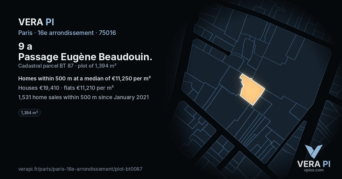 9 a Passage Eugène Beaudouin, 16e arrondissement at night – the plot lit, the parcels around coloured by the prices near them