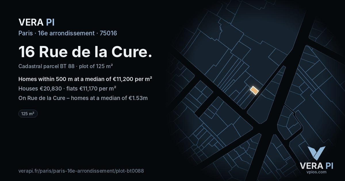 16 Rue de la Cure, 16e arrondissement at night – the plot lit, the parcels around coloured by the prices near them