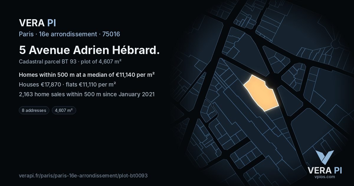 5 Avenue Adrien Hébrard, 16e arrondissement at night – the plot lit, the parcels around coloured by the prices near them