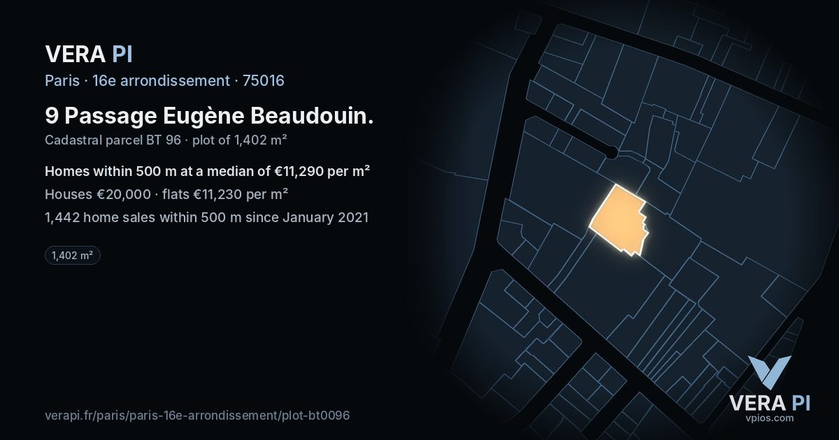 9 Passage Eugène Beaudouin, 16e arrondissement at night – the plot lit, the parcels around coloured by the prices near them
