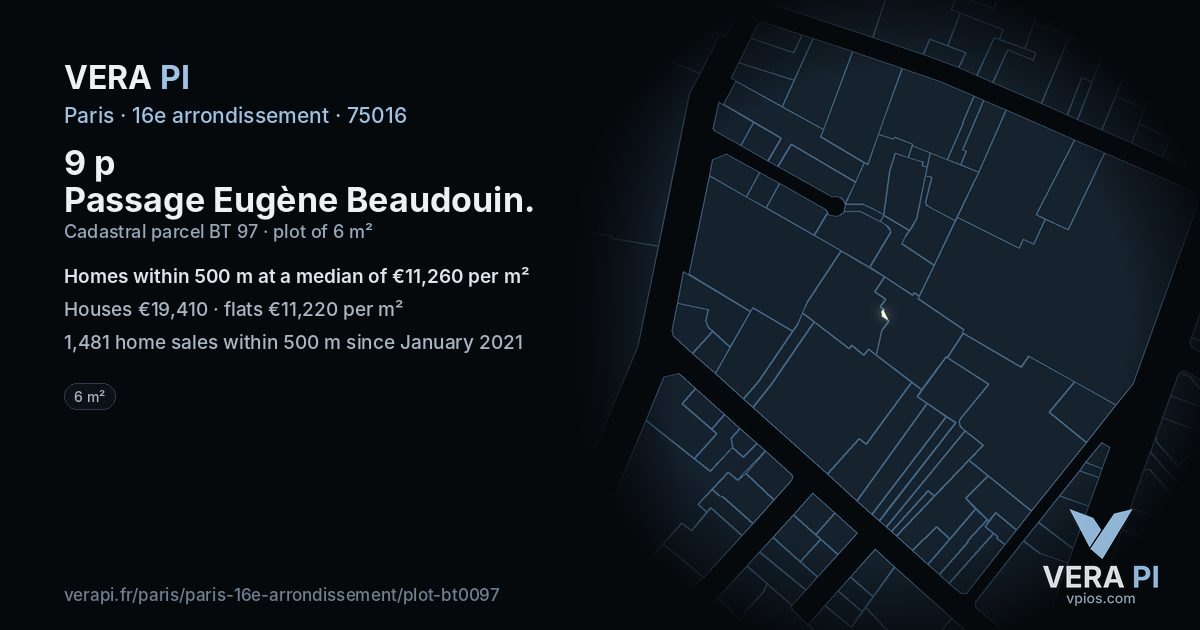 9 p Passage Eugène Beaudouin, 16e arrondissement at night – the plot lit, the parcels around coloured by the prices near them