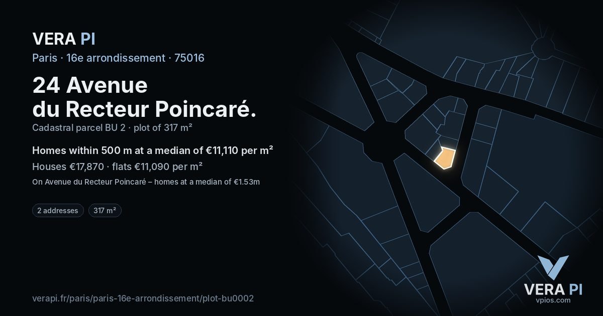 24 Avenue du Recteur Poincaré, 16e arrondissement at night – the plot lit, the parcels around coloured by the prices near them