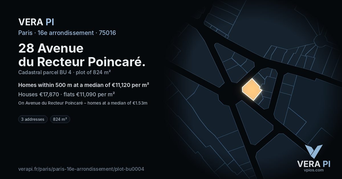 28 Avenue du Recteur Poincaré, 16e arrondissement at night – the plot lit, the parcels around coloured by the prices near them