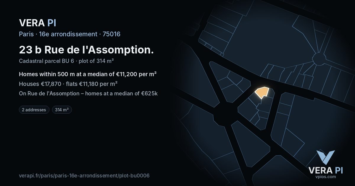 23 b Rue de l'Assomption, 16e arrondissement at night – the plot lit, the parcels around coloured by the prices near them