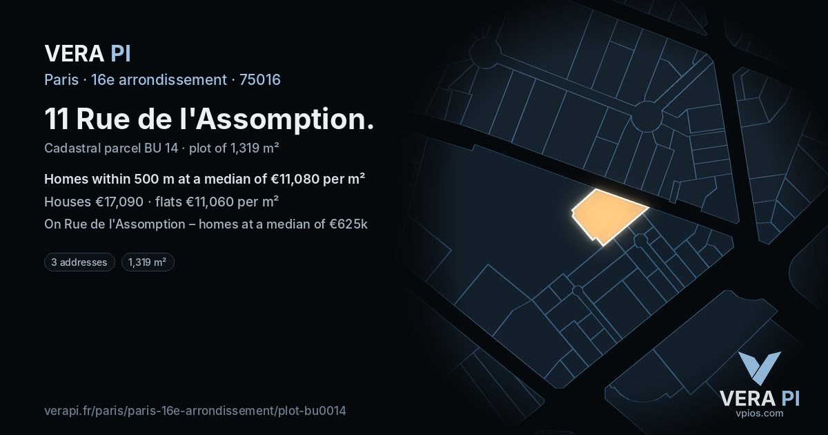 11 Rue de l'Assomption, 16e arrondissement at night – the plot lit, the parcels around coloured by the prices near them