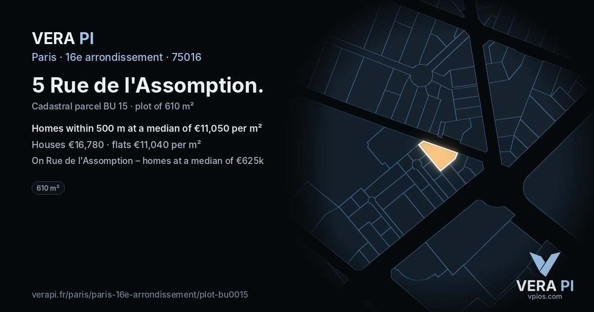 5 Rue de l'Assomption, 16e arrondissement at night – the plot lit, the parcels around coloured by the prices near them