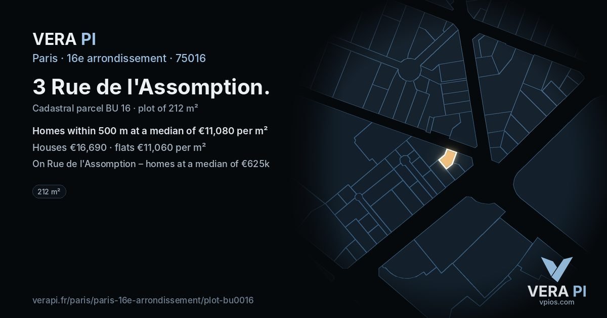 3 Rue de l'Assomption, 16e arrondissement at night – the plot lit, the parcels around coloured by the prices near them
