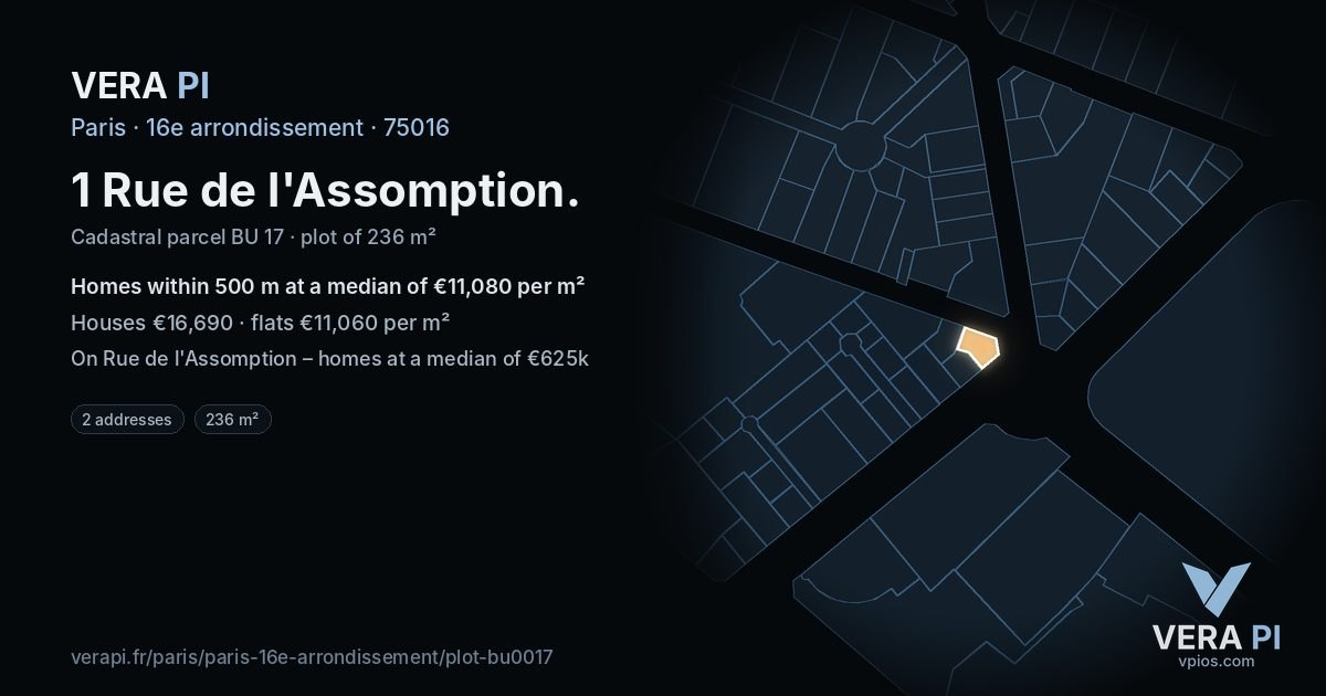 1 Rue de l'Assomption, 16e arrondissement at night – the plot lit, the parcels around coloured by the prices near them