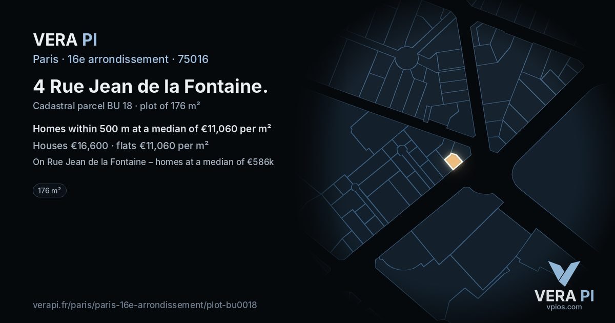 4 Rue Jean de la Fontaine, 16e arrondissement at night – the plot lit, the parcels around coloured by the prices near them