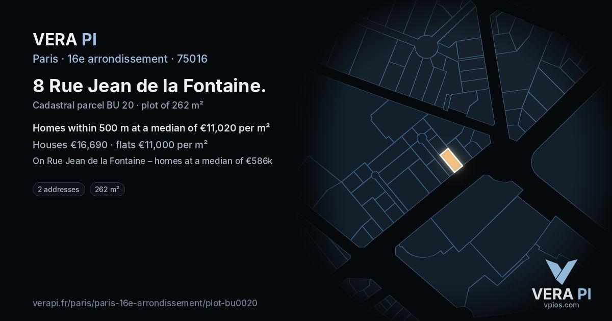 8 Rue Jean de la Fontaine, 16e arrondissement at night – the plot lit, the parcels around coloured by the prices near them