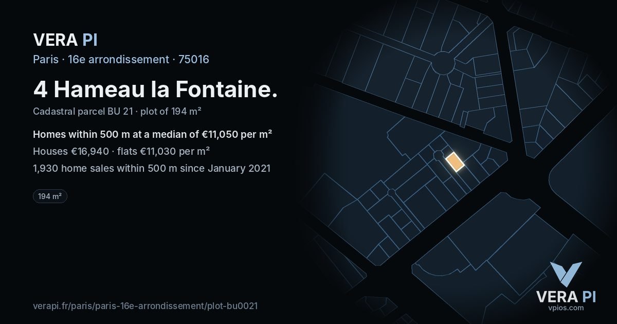 4 Hameau la Fontaine, 16e arrondissement at night – the plot lit, the parcels around coloured by the prices near them