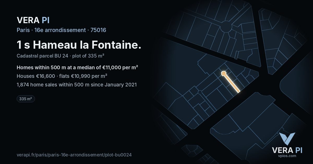 1 s Hameau la Fontaine, 16e arrondissement at night – the plot lit, the parcels around coloured by the prices near them