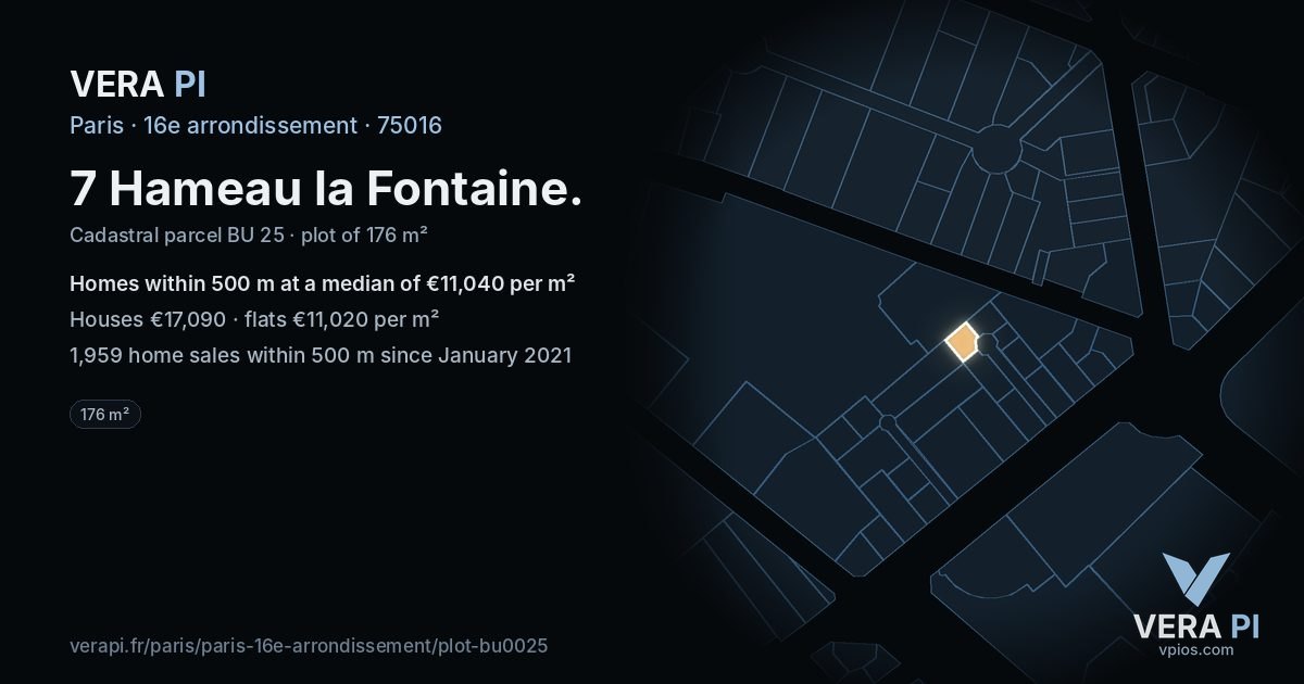 7 Hameau la Fontaine, 16e arrondissement at night – the plot lit, the parcels around coloured by the prices near them