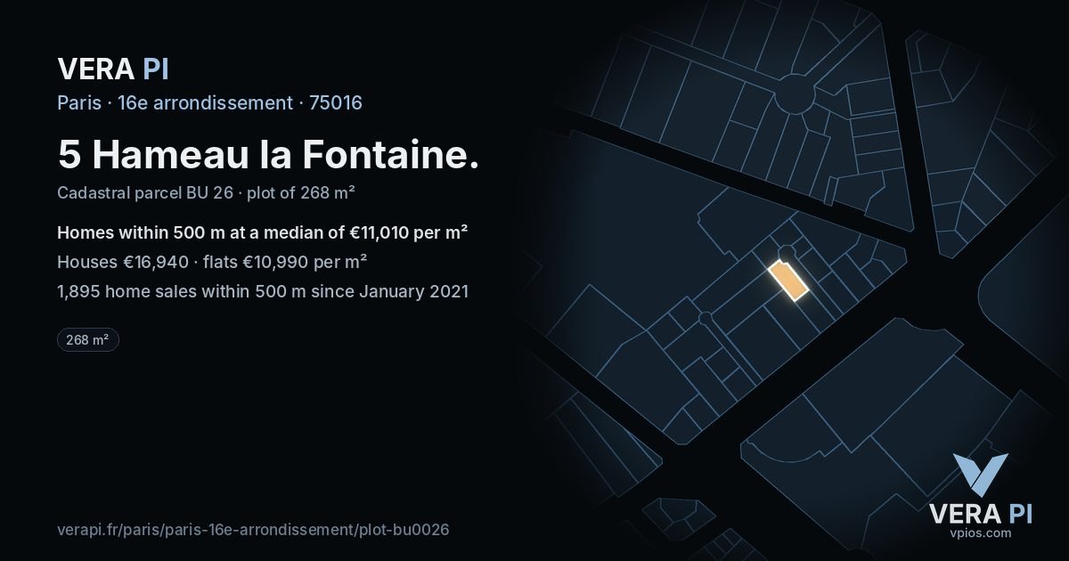 5 Hameau la Fontaine, 16e arrondissement at night – the plot lit, the parcels around coloured by the prices near them
