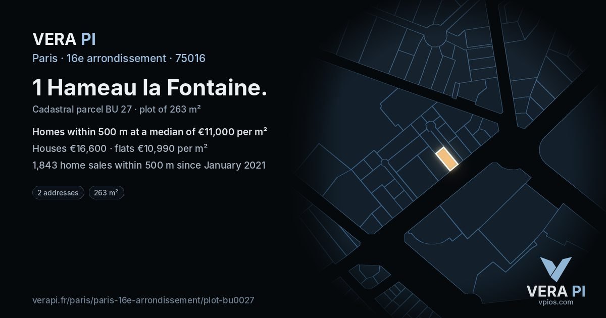 1 Hameau la Fontaine, 16e arrondissement at night – the plot lit, the parcels around coloured by the prices near them