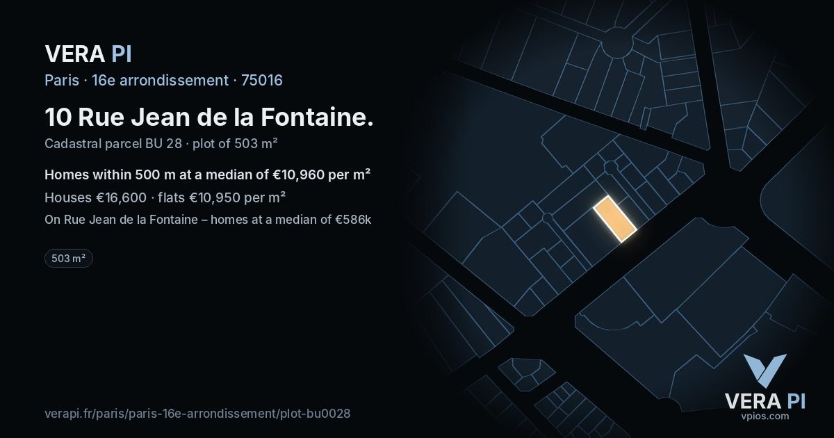 10 Rue Jean de la Fontaine, 16e arrondissement at night – the plot lit, the parcels around coloured by the prices near them