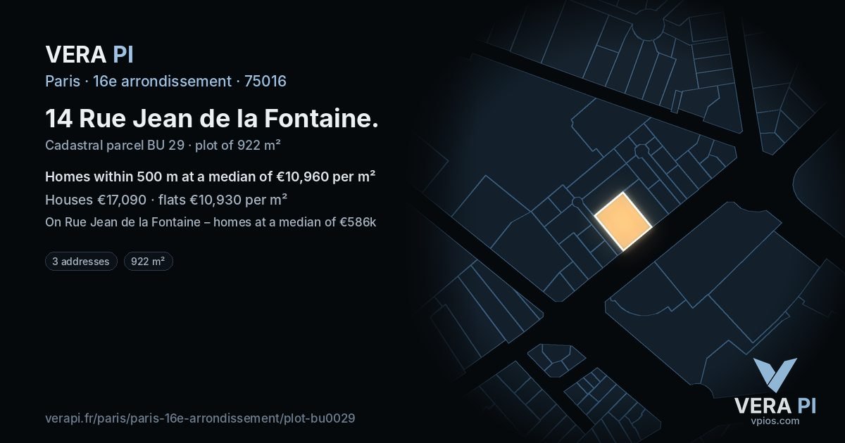 14 Rue Jean de la Fontaine, 16e arrondissement at night – the plot lit, the parcels around coloured by the prices near them