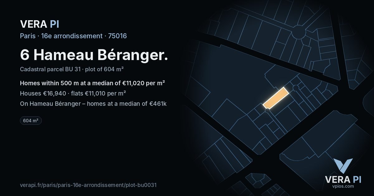 6 Hameau Béranger, 16e arrondissement at night – the plot lit, the parcels around coloured by the prices near them