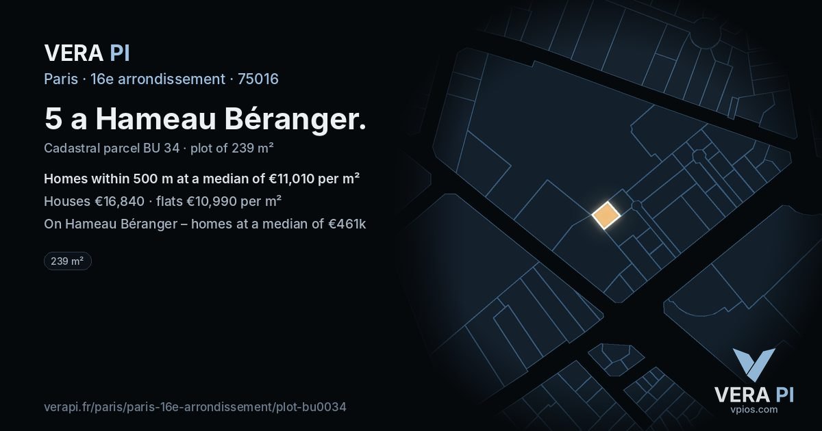 5 a Hameau Béranger, 16e arrondissement at night – the plot lit, the parcels around coloured by the prices near them