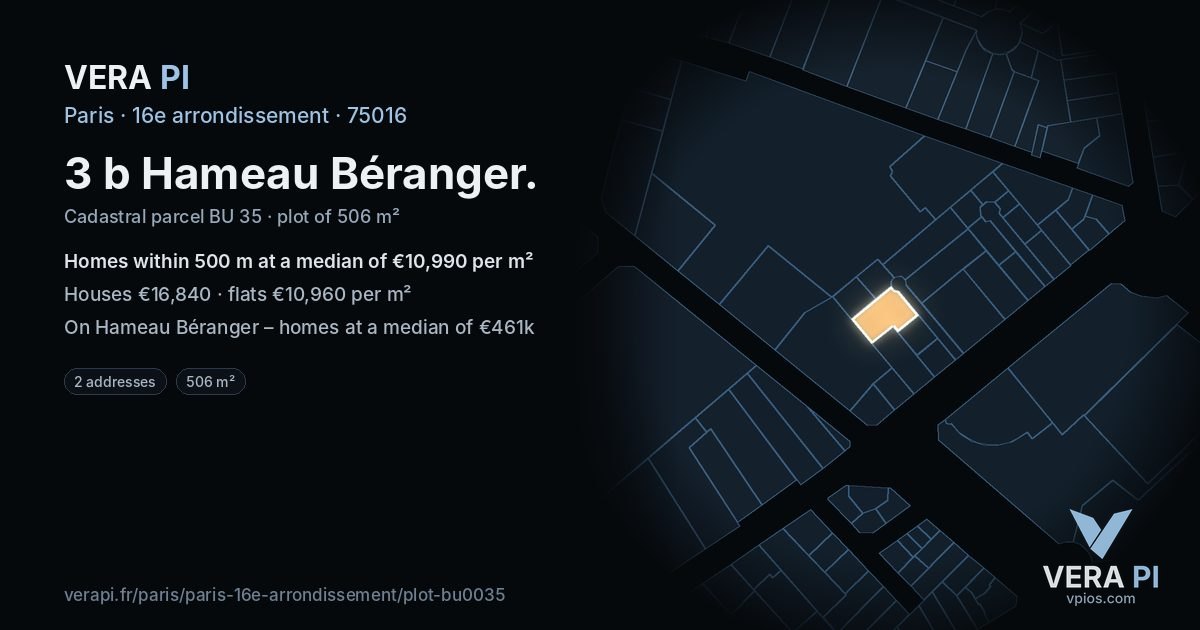 3 b Hameau Béranger, 16e arrondissement at night – the plot lit, the parcels around coloured by the prices near them