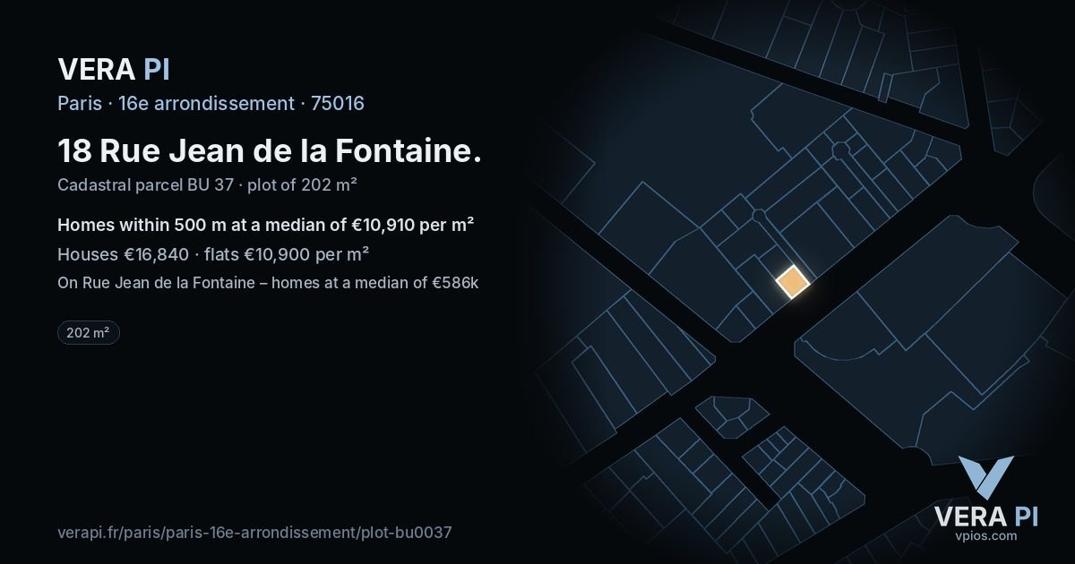 18 Rue Jean de la Fontaine, 16e arrondissement at night – the plot lit, the parcels around coloured by the prices near them