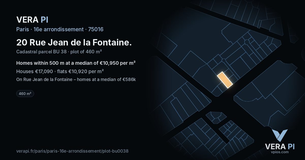 20 Rue Jean de la Fontaine, 16e arrondissement at night – the plot lit, the parcels around coloured by the prices near them