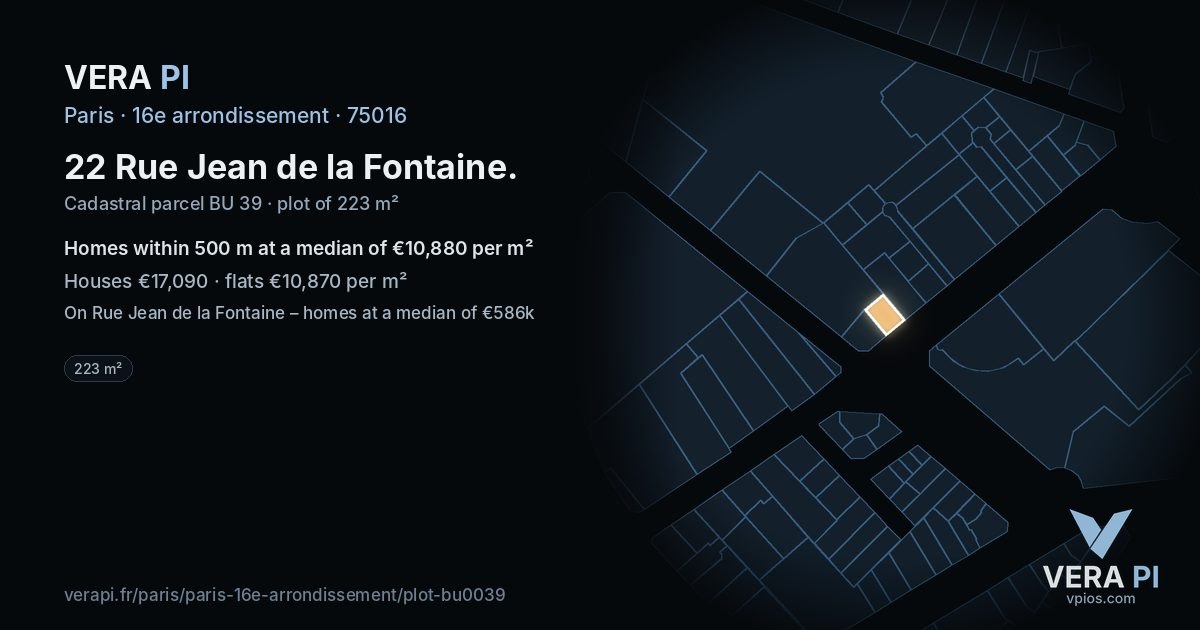 22 Rue Jean de la Fontaine, 16e arrondissement at night – the plot lit, the parcels around coloured by the prices near them
