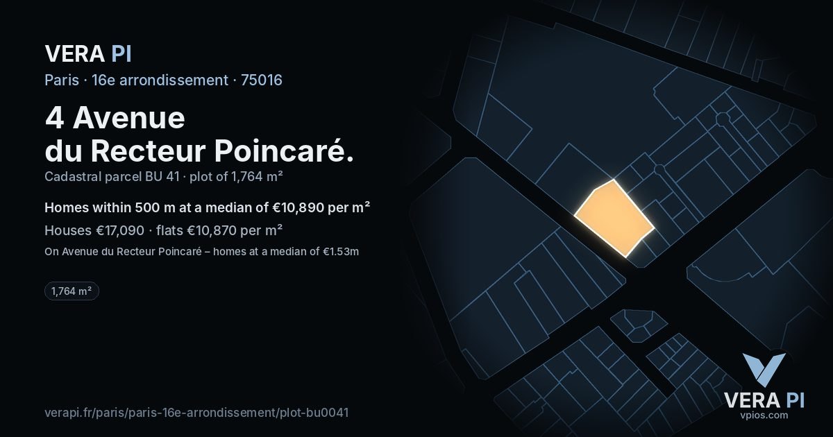 4 Avenue du Recteur Poincaré, 16e arrondissement at night – the plot lit, the parcels around coloured by the prices near them
