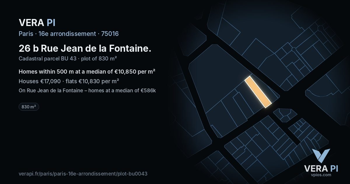26 b Rue Jean de la Fontaine, 16e arrondissement at night – the plot lit, the parcels around coloured by the prices near them