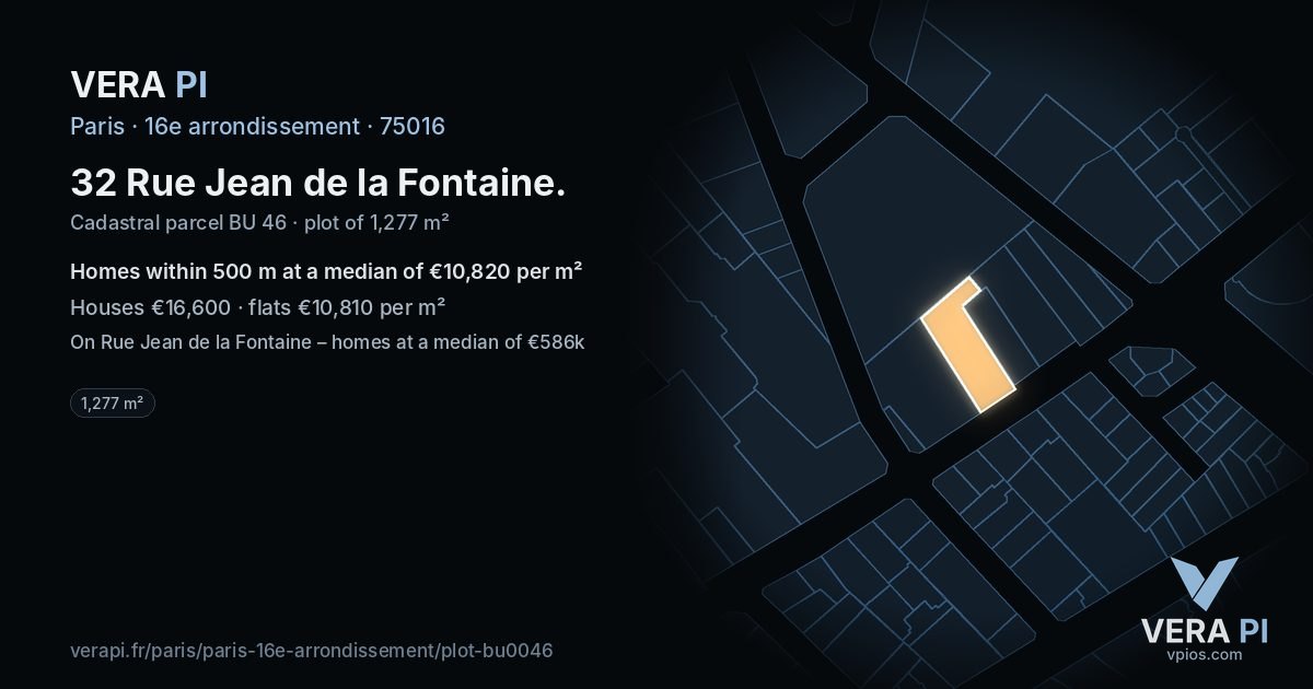 32 Rue Jean de la Fontaine, 16e arrondissement at night – the plot lit, the parcels around coloured by the prices near them