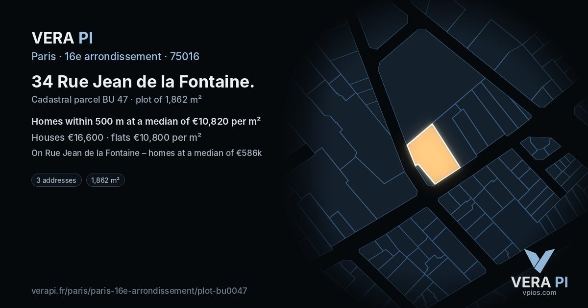 34 Rue Jean de la Fontaine, 16e arrondissement at night – the plot lit, the parcels around coloured by the prices near them