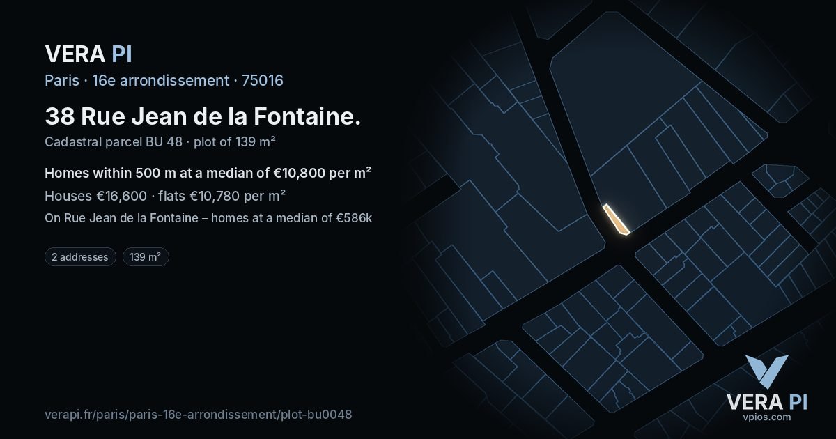 38 Rue Jean de la Fontaine, 16e arrondissement at night – the plot lit, the parcels around coloured by the prices near them