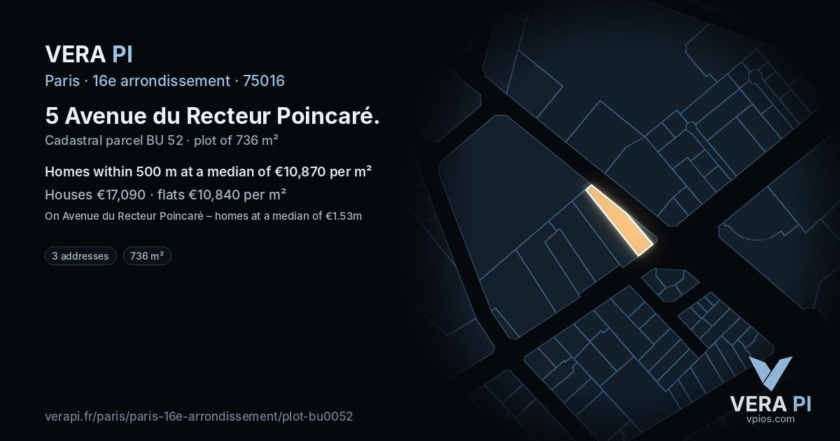 5 Avenue du Recteur Poincaré, 16e arrondissement at night – the plot lit, the parcels around coloured by the prices near them