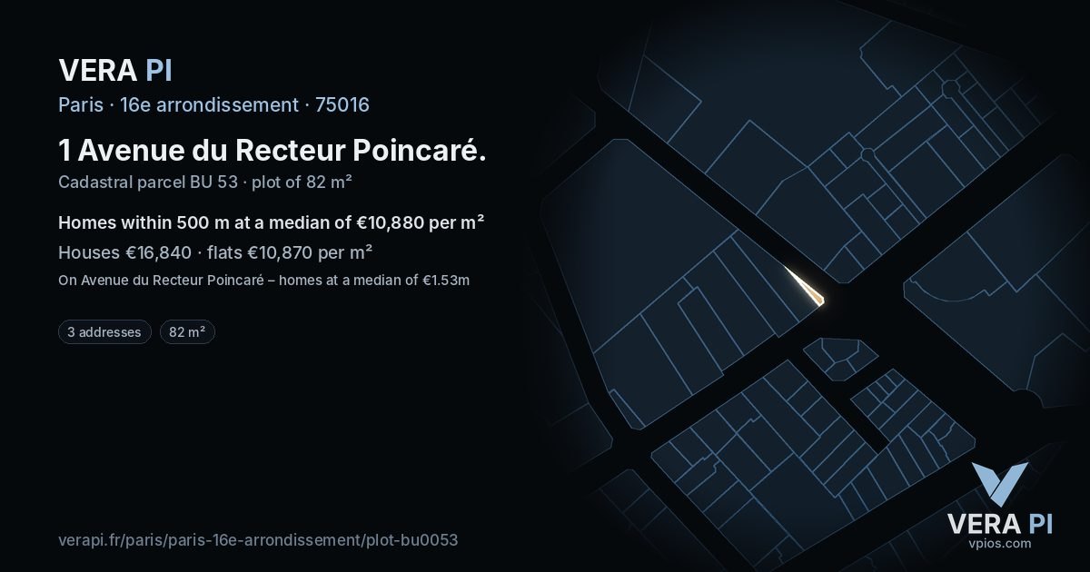 1 Avenue du Recteur Poincaré, 16e arrondissement at night – the plot lit, the parcels around coloured by the prices near them