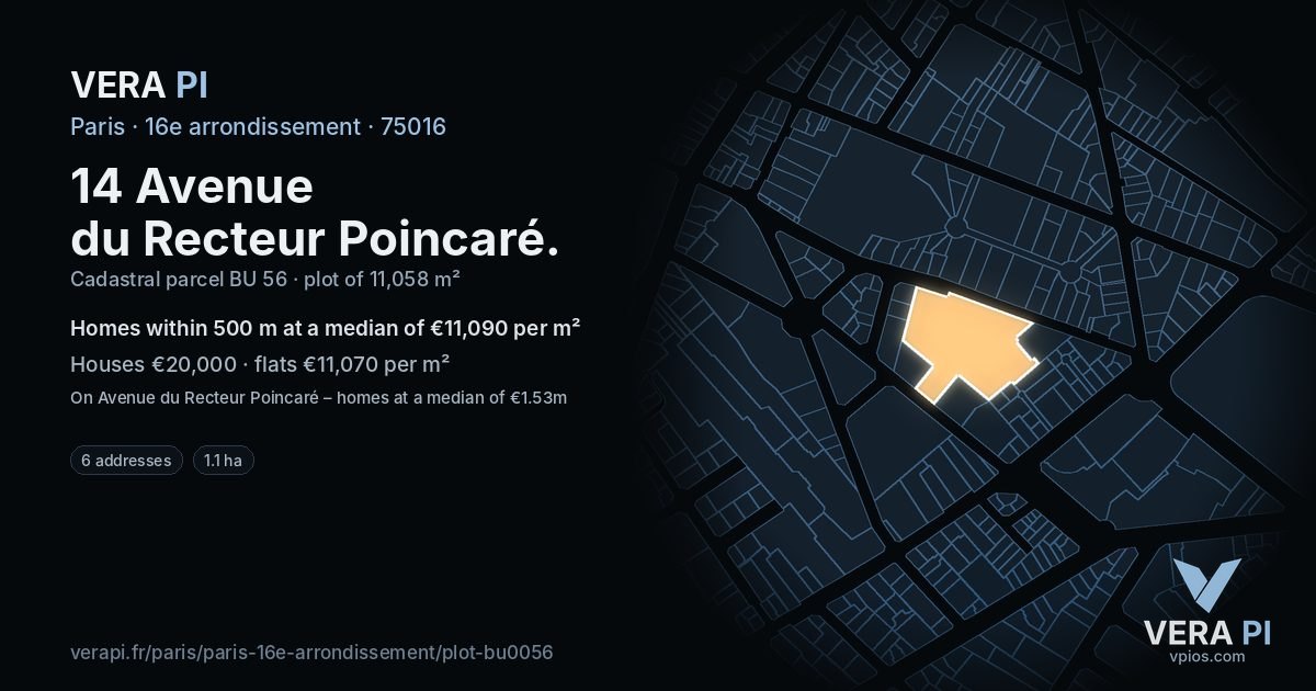 14 Avenue du Recteur Poincaré, 16e arrondissement at night – the plot lit, the parcels around coloured by the prices near them