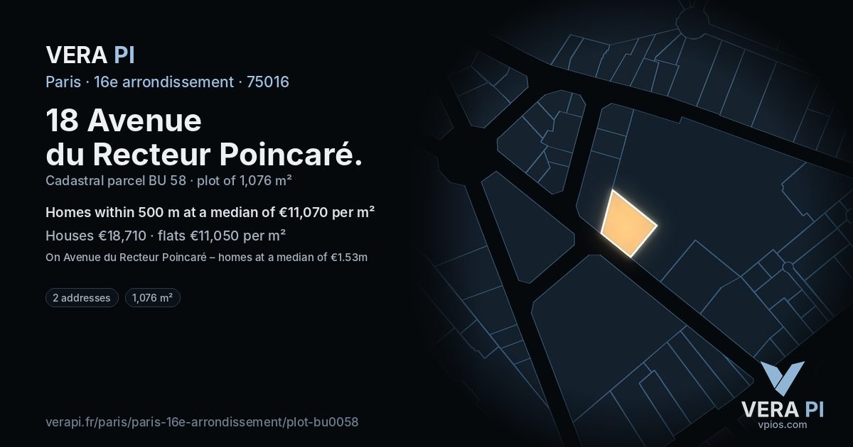18 Avenue du Recteur Poincaré, 16e arrondissement at night – the plot lit, the parcels around coloured by the prices near them