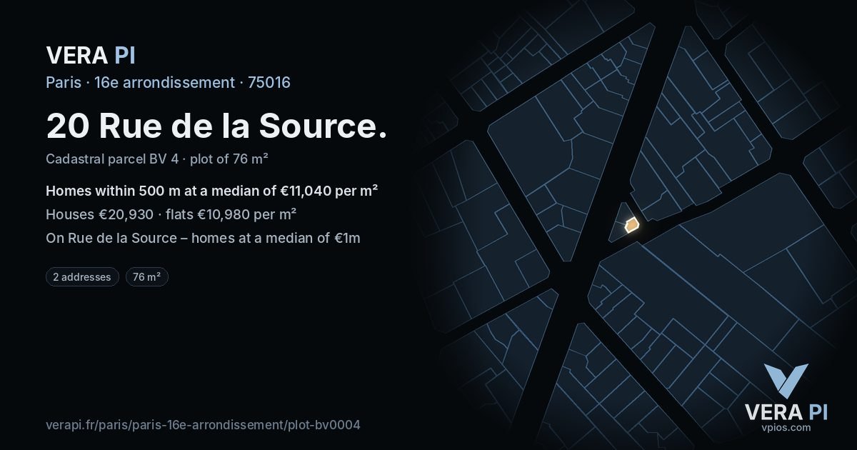 20 Rue de la Source, 16e arrondissement at night – the plot lit, the parcels around coloured by the prices near them