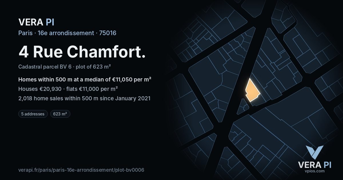 4 Rue Chamfort, 16e arrondissement at night – the plot lit, the parcels around coloured by the prices near them